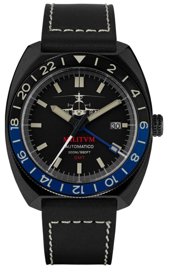 Militum Automatico GMT Elicopter Dial Black Lunetta Girevole Nera e Blu Militum Automatico GMT Elicopter Dial Black Lunetta Girevole Nera e Blu