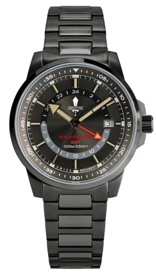 Militum Navigator GMT movimento Svizzero Ronda 515-24h dial Nero Cassa e Cinturino Nero Pvd