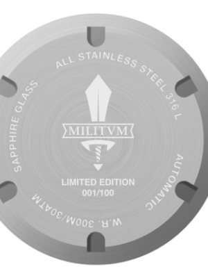 Militum Pelagus con Cassa 40mm 30atm sub 300 Mt. Vetro Zaffiro pvd black Spesore 13 mm Vetro Zaffiro Quadrante nero Gladio Cinturino Gomma Nero con Cuciture Rosse