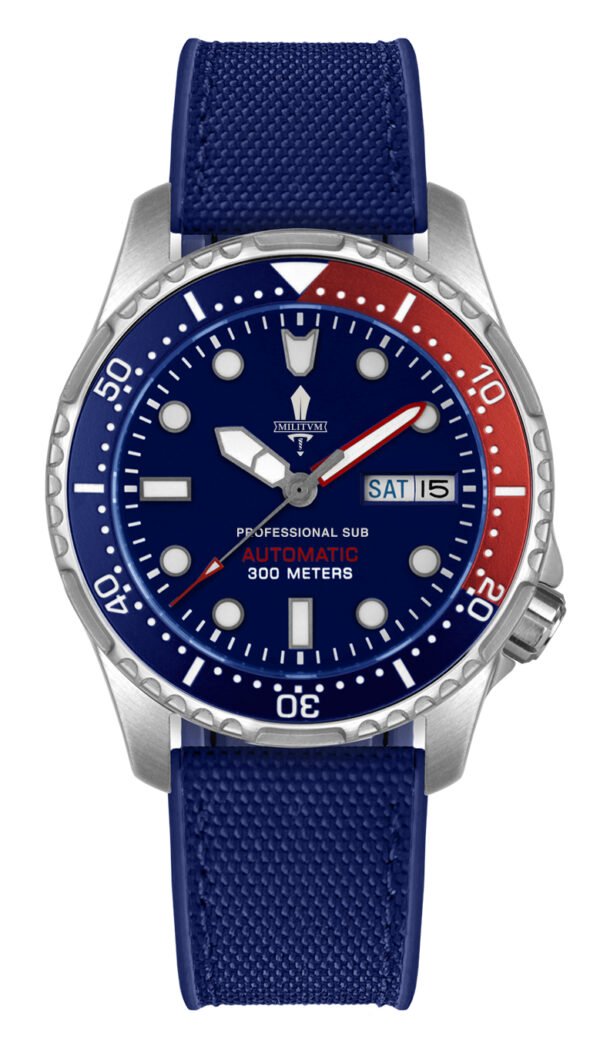 Militum Pelagus con Cassa 40mm 30atm sub 300 Mt. Vetro Zaffiro pvd black Spesore 13 mm Vetro Zaffiro Quadrante blu Gladio Cinturino Gomma Blu