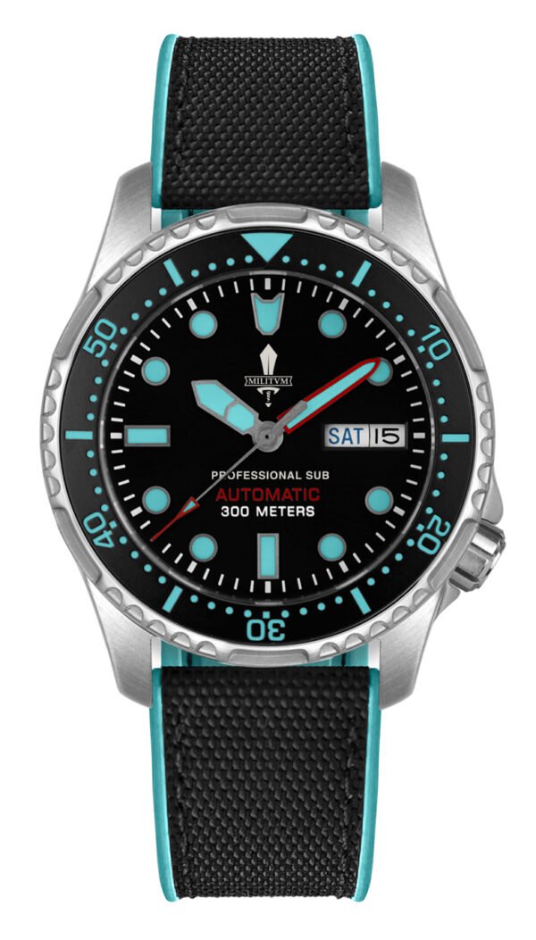 Militum Pelagus con Cassa 40mm 30atm sub 300 Mt. Vetro Zaffiro pvd black Spesore 13 mm Vetro Zaffiro Quadrante nero Gladio Cinturino Gomma Nero con Cuciture Celesti Militum Pelagus con Cassa 40mm 30atm sub 300 Mt. Vetro Zaffiro pvd black Spesore 13 mm Vetro Zaffiro Quadrante nero Gladio Cinturino Gomma Nero con Cuciture Celesti
