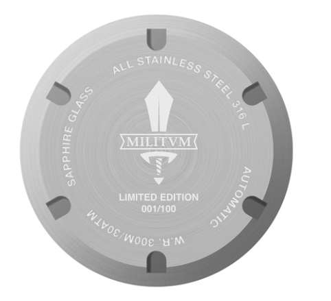 Militum Pelagus con Cassa 40mm 30atm sub 300 Mt. Vetro Zaffiro pvd black Spesore 13 mm Vetro Zaffiro Quadrante blu Gladio Cinturino Gomma Blu