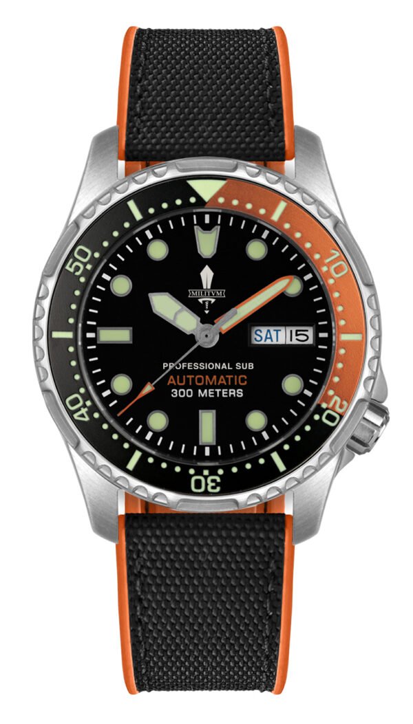 Militum Pelagus con Cassa 40mm 30atm sub 300 Mt. Vetro Zaffiro pvd black Spesore 13 mm Vetro Zaffiro Quadrante nero Gladio Cinturino Gomma Nero con Cuciture Arancioni