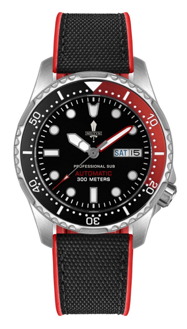 Militum Pelagus con Cassa 40mm 30atm sub 300 Mt. Vetro Zaffiro pvd black Spesore 13 mm Vetro Zaffiro Quadrante nero Gladio Cinturino Gomma Nero con Cuciture Rosse