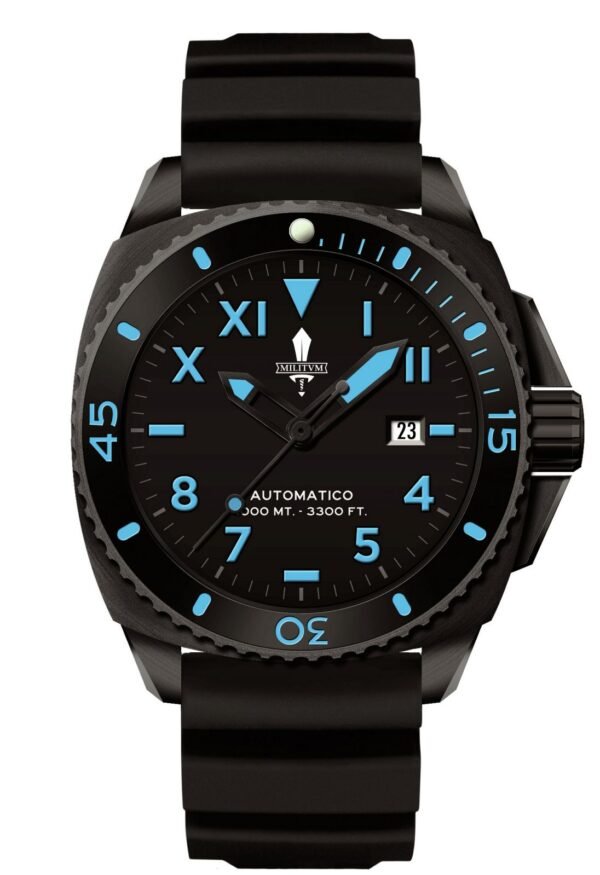 Militum Poseidone C3 Cassa 46mm Sub 1000 Metri Limited Edition 1/100 Valvola Elio Vetro Zaffiro Ghiera Ceramica Quadrante California Nero Con Inserti Blu