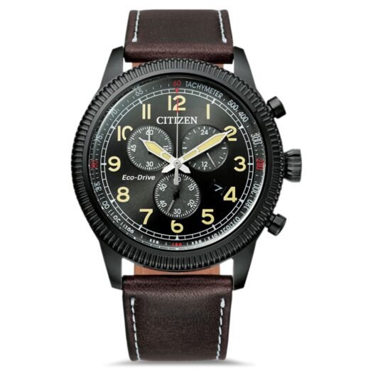 Orologio Eco Drive Cronografo Citizen in Acciaio e Pelle - Crono Aviator - AT2465-18E