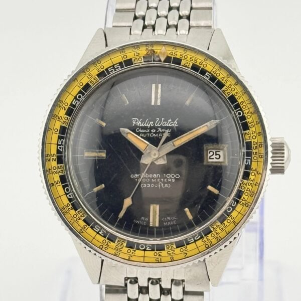 Philip Watch Caribe Caribbean 1000 black dial yellow bezel with original rice beads bracelet