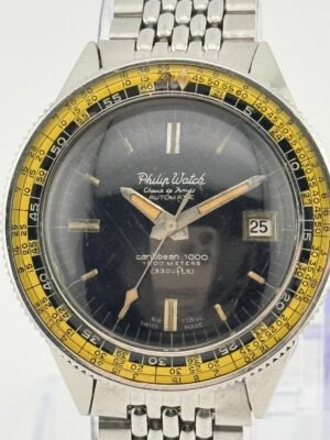 Philip Watch Caribe Caribbean 1000 black dial yellow bezel with original rice beads bracelet