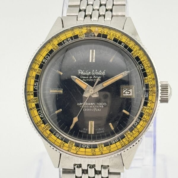 Philip Watch Caribe Caribbean 1000 black dial yellow bezel with original rice beads bracelet